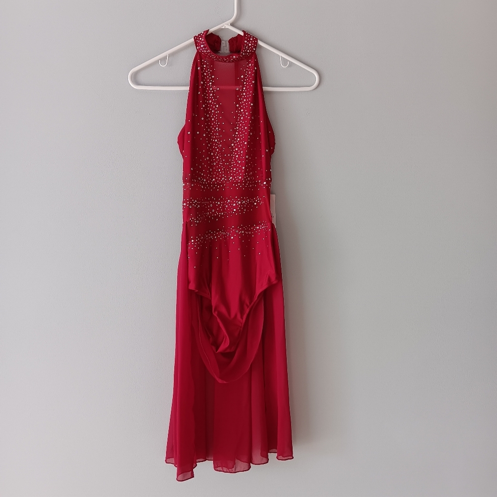 iEFiEL Halter Sleeveless Leotard Sheer Skirt Dance Costume Sequins Red Small